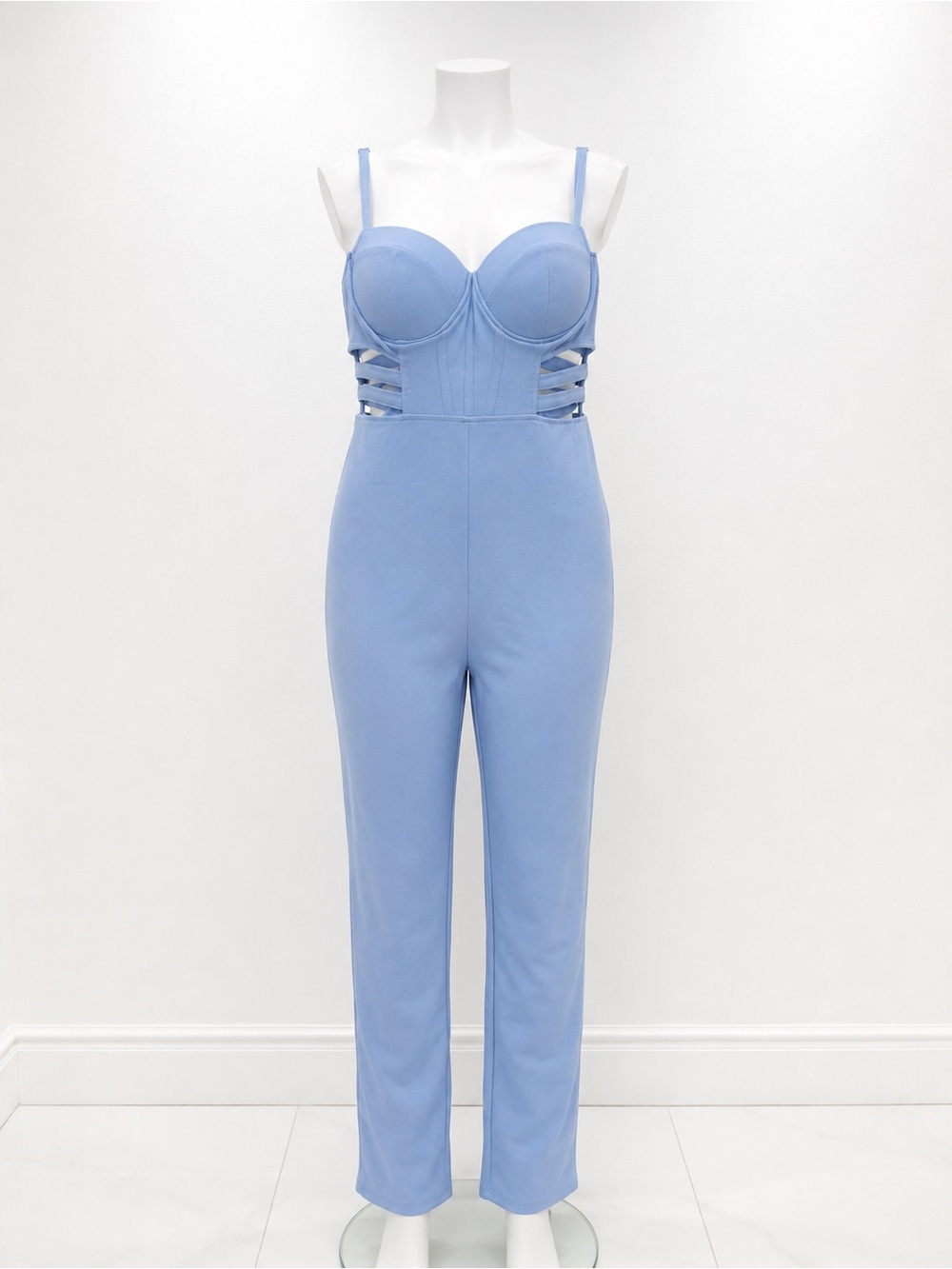 Haute Monde Light Blue Sculpted Bustier Cutout Jumpsuit